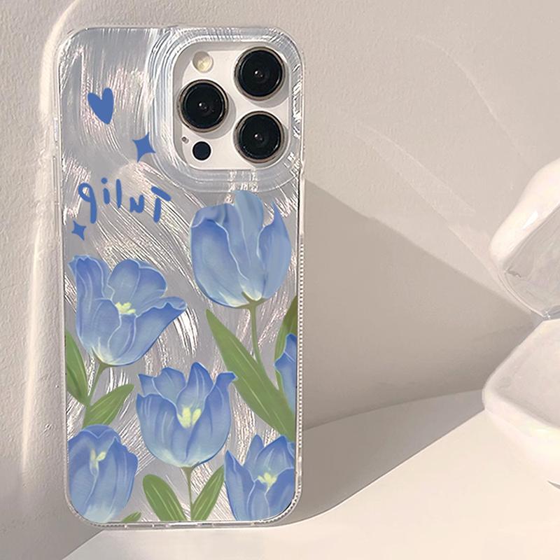 Blue Tulip Flower Phone Case for iPhone 17 16 15 14 13 Pro 12 11 Pro Max 17 Air XS X XR 7 8 Plus 16E Aesthetic Shockproof Cover