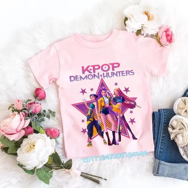 2026 Children's K-pop Demon Hunters T-shirt, a Clothing Item Featuring Anime Cartoon Patterns, a Girls' Casual Top, Gift Options