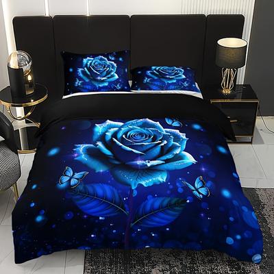 Juego de Edredón de Tres Piezas con Estampado Digital de Rosa Azul Regalo de San Valentín Adecuado Para Decoración de Dormitorio Ropa de Cama