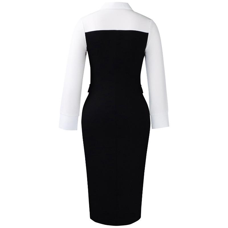 Women Elegant Business Long Sleeve Blazer Collar Patchwork Pencil Midi Dress