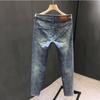 Marcă Trendy Europeană și Americană Blugi Albaștri Vintage Spălați Imprimați Bărbați Casual Slim Fit Elastic Primăvară Toamnă Pantaloni Lungi cu Picior Drept Mic