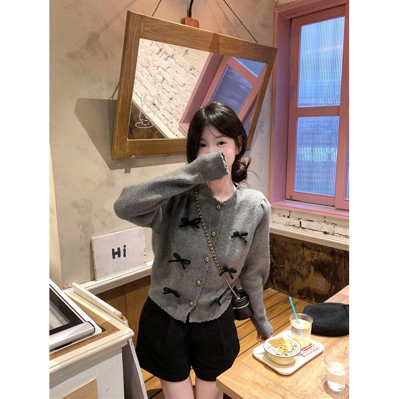 Kumikumi Sweet Style Three-Dimensional Bows Knitting Cardigan Women's Clothes Autumn Youthful-Looking Loose Gray Coat Tops