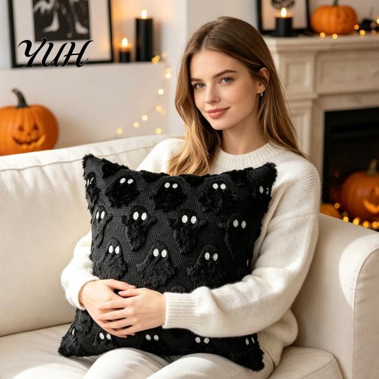 Soft Short Plush Fabric Halloween Ghost Cushion Cover, Throw Pillow Case, 18x18 Inches Pumpkin Holiday Gift for Home Bat Cover Sofa Couch Bed