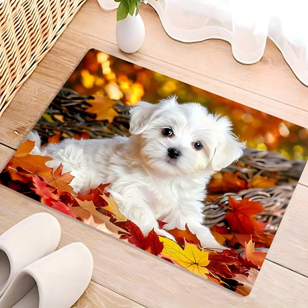 Cute puppy pattern non-slip welcome carpet lying on the autumn maple leaves