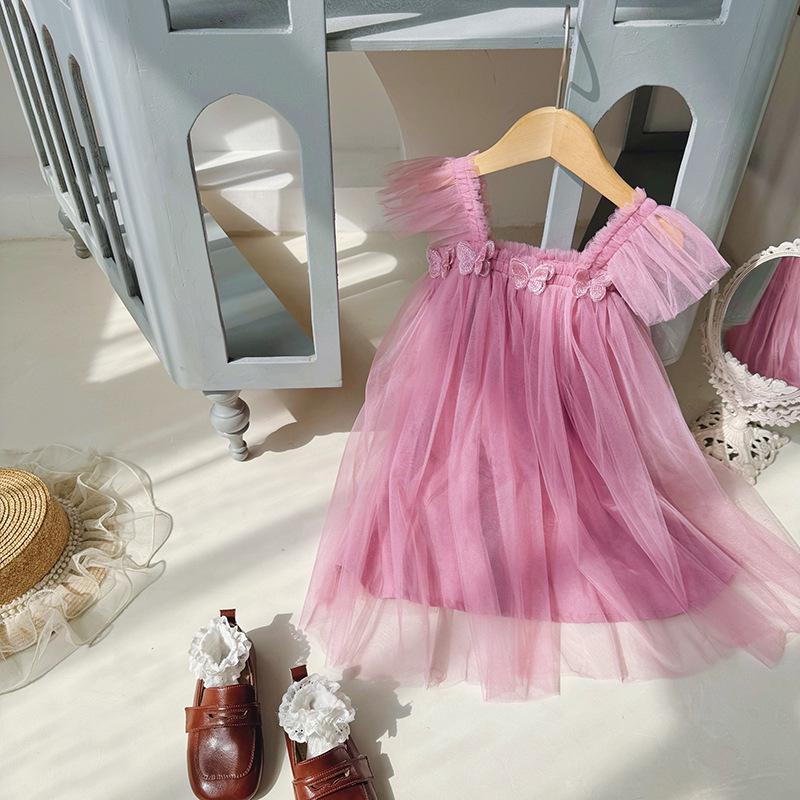 Double-Layer Butterfly Mesh Sweet Girl Strapless Fly-Sleeve Summer Puffy Princess Dress