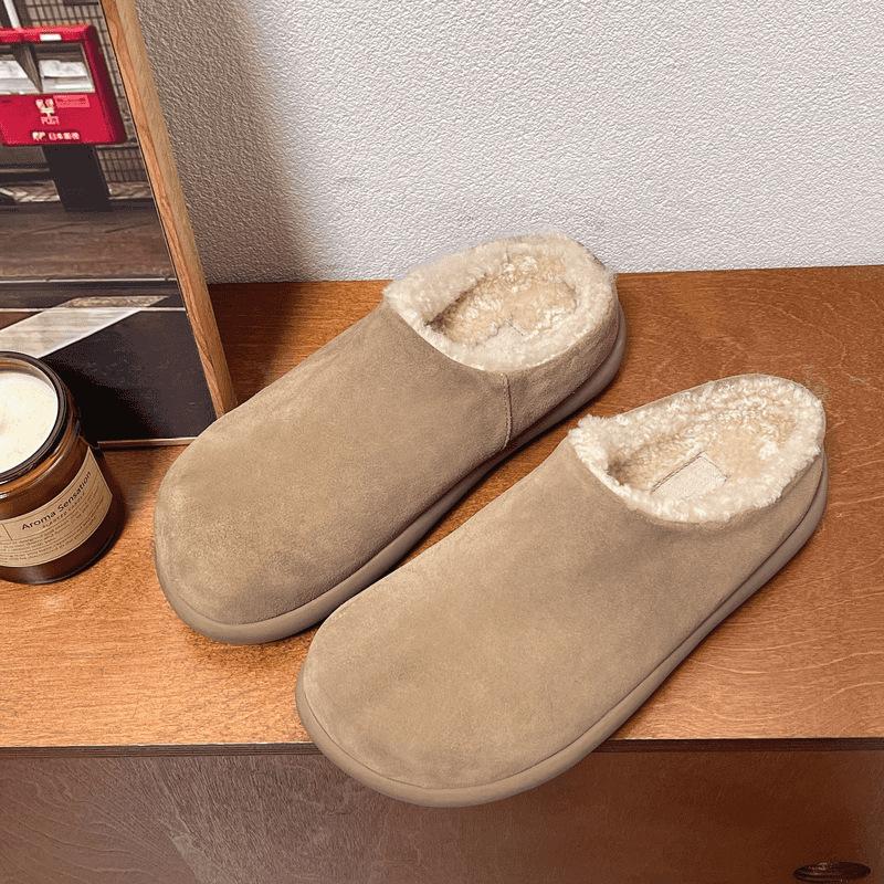 Flat-bottomed bag head, hairy half slippers, women wear one-pedal shoes, velvet cotton shoes