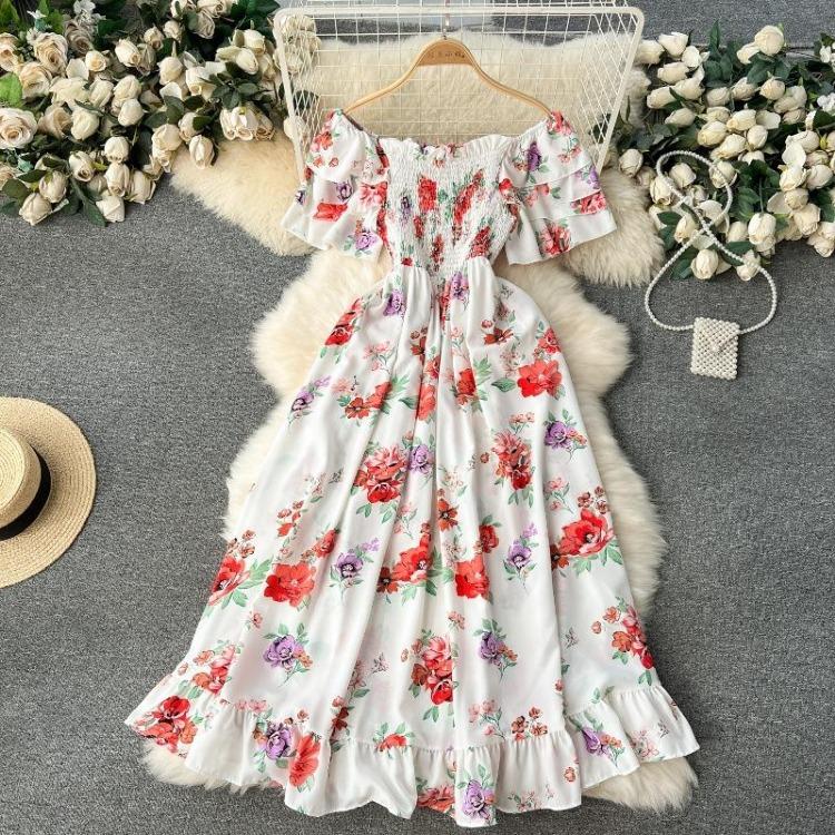 Floral Off Shoulder Casual Short Sleeve High Waist Ankle Length Dress for Women Summer Spring Fashion
