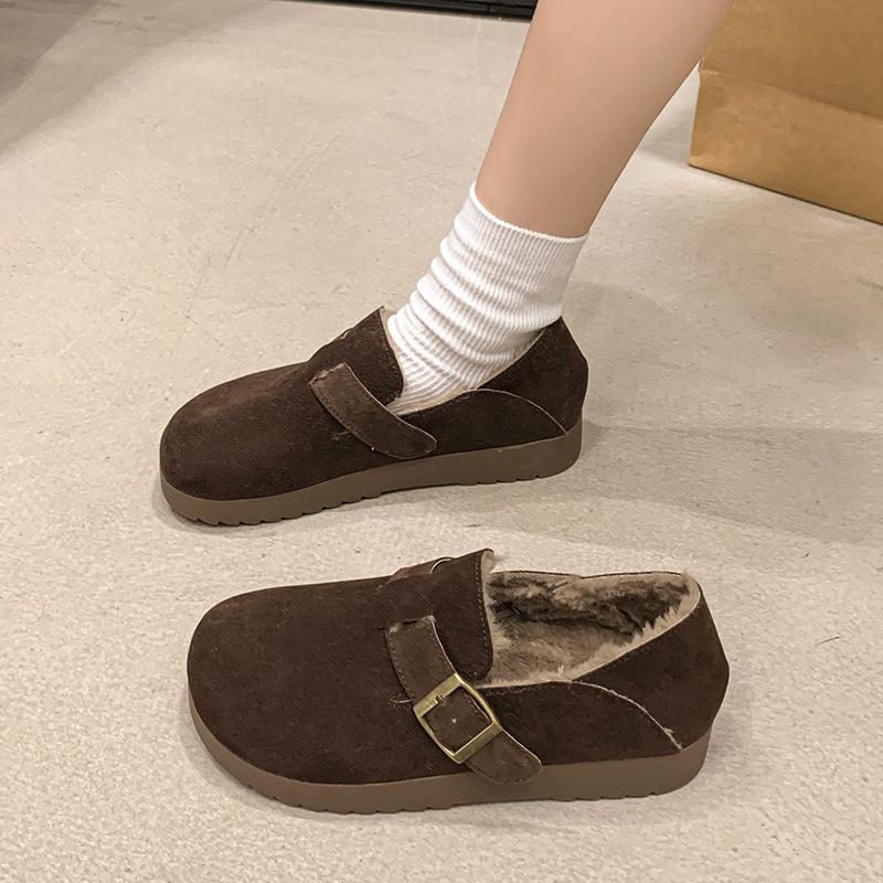 Retro Birkenstock shoes women's winter velvet warm cotton shoes women's Japanese ugly and cute flat-bottomed loafers women's shoes
