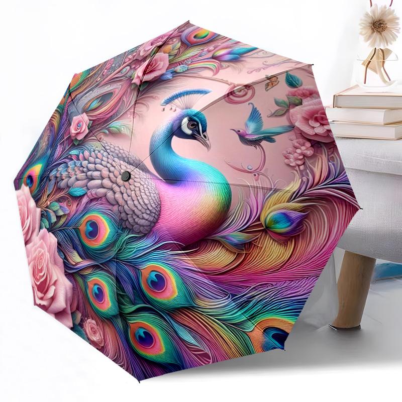 Peacock Elegance In Bloom Compact Travel Automatic Umbrella Folding Umbrella with 8 Ribs Lightweight for Women/Men Compact Folding Umbrella