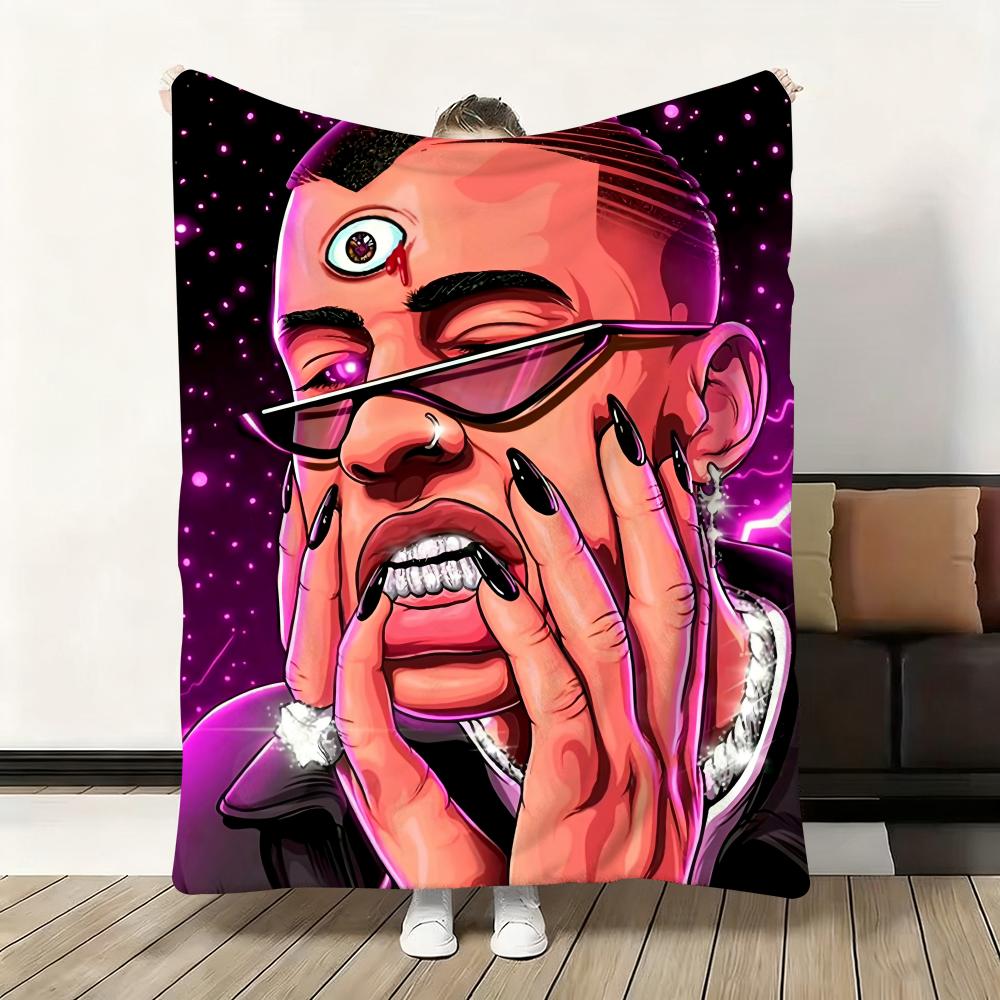 Rapper Bad Bunny Throw Soft Flannel Blanket Warm Knee Skin-Friendly Throw for Sofa Office Bed Traveling Winter Oversize
