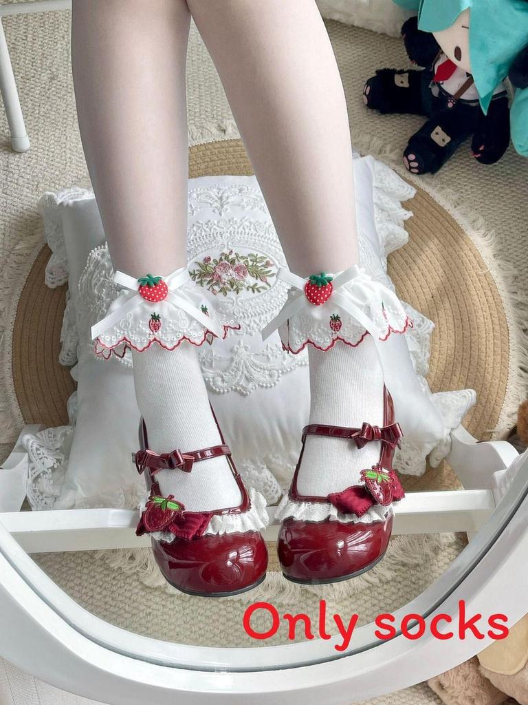Lolita Cotton Socks With Lace Ruffle Bow For Girls Spring Casual Wear