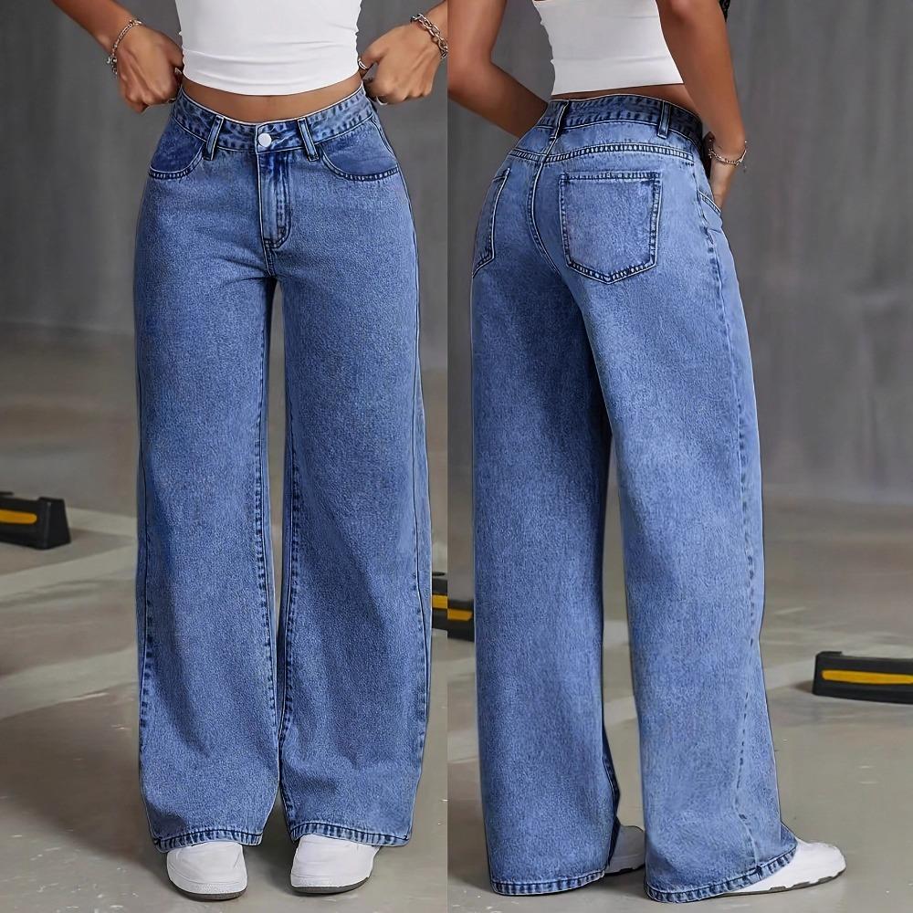 Damen Jeans mit hoher Taille und geradem Bein, Lockere Wide Leg Jeans aus Denim, Säuregewaschen Hellblau Dehnbare Jeans mit Taschen, Lässige Büro-Arbeitshosen