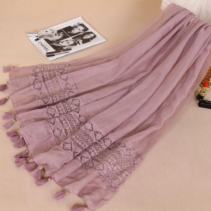 Premium Quality Cotton Hijab Scarf Women Hollow Out Lace Edge Tassels Long Shawl Muslim Soft Plain Headband Hijab Turban