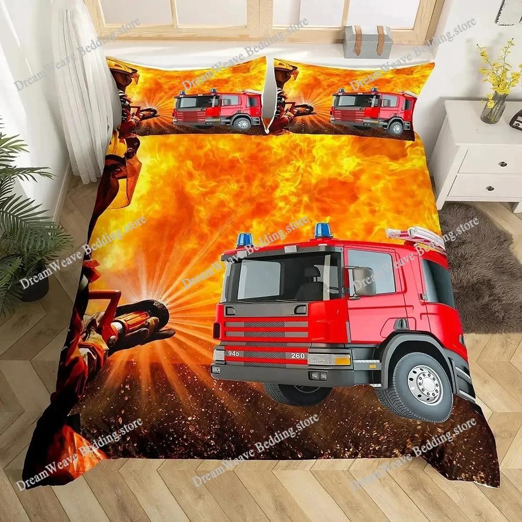 Firefighter Car Duvet Cover Set,Fire Truck Bedding Set King, Honeycomb and Fire Comforter Cover Fire Engine Vehicle Quilt Cover