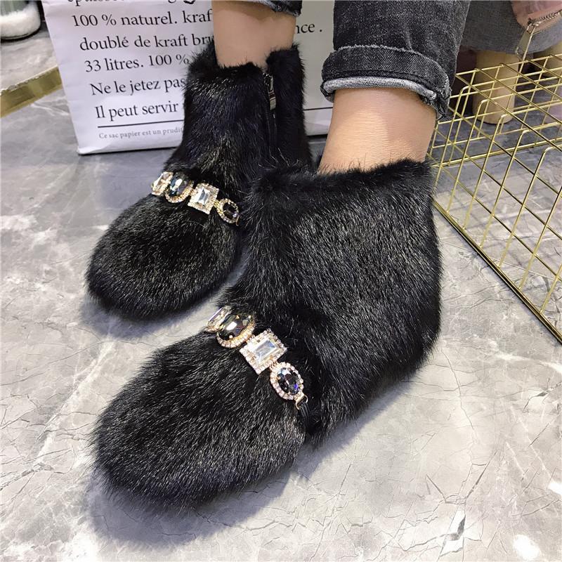 Fashion Women Mink Fur Flat Casual Shoes Ankle Winter Warm Snow Boots Crystal Decor Outside Footwear Short Boots Black