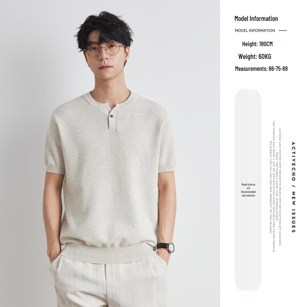 Męska letnia koszulka dzianinowa Henley z krótkim rękawem o kroju slim fit - Lekka, dojrzała, codzienna góra