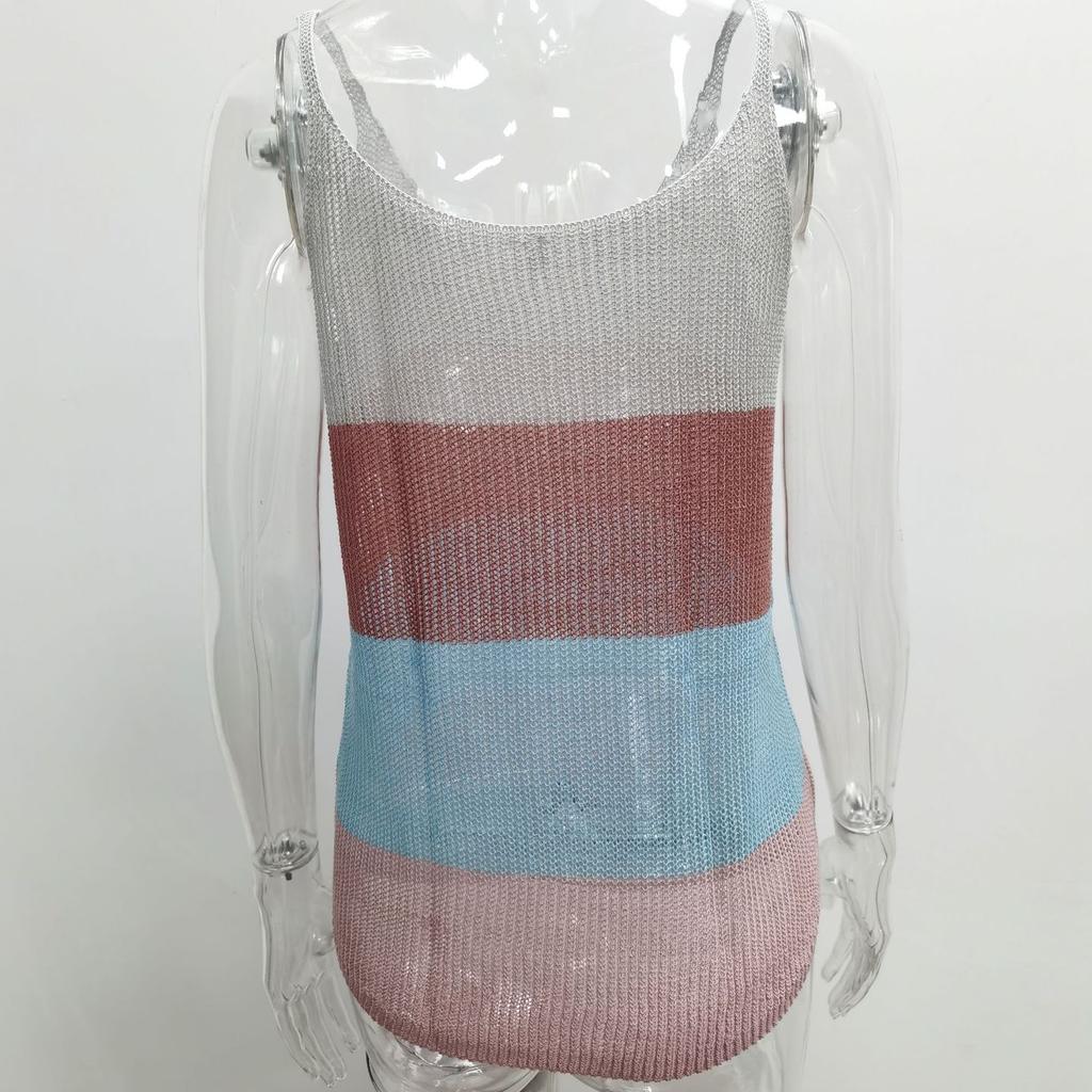2026 Summer Women's Color Block Knit Tank Top, Round Neck Sleeveless Crochet Vest Cami for Casual Beach & Daily Wear