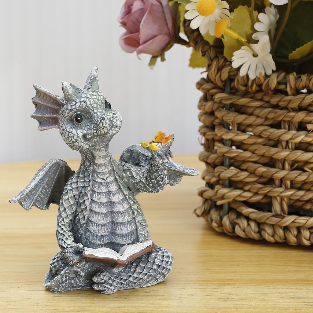Reading Book Little Dragon Sculpture  Statues Resin Garden Dragon Cute Sculptures Art Ornament Gift for Lawn Patio Decor