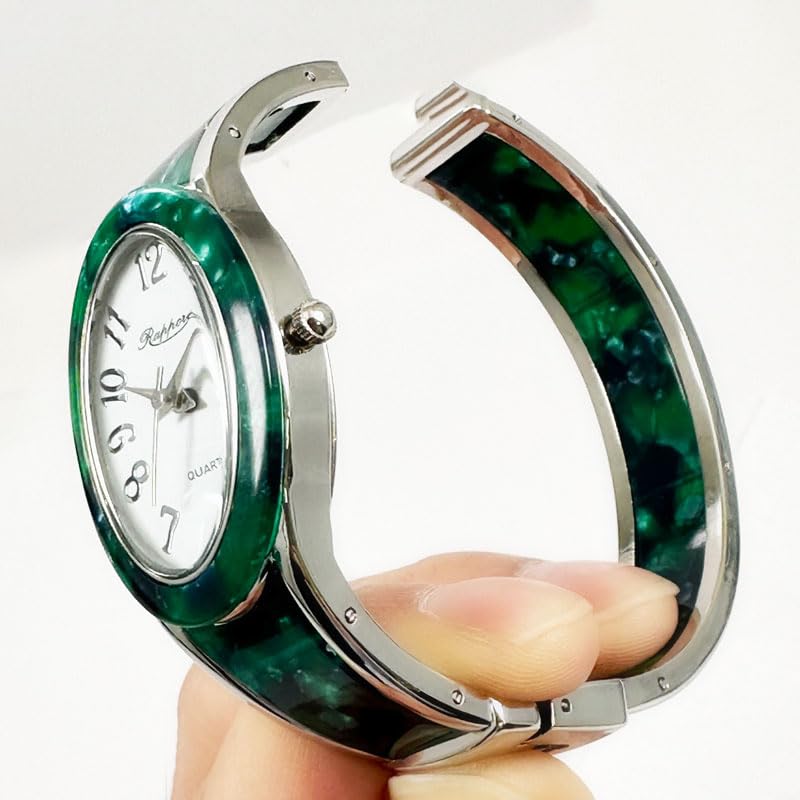 Takeuchi Shoji Co., Ltd. Rapport Oval Bangle Watch, Silver Wide, Women's, Green, 188617
