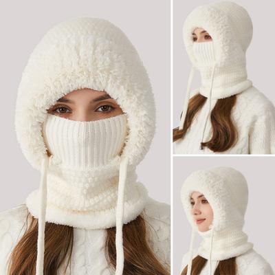 Women Winter Hat with Integrated Scarf Cold-proof Front Cover Thick Knitted Warm Solid