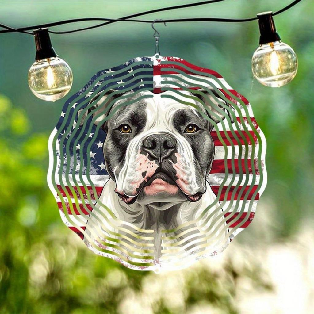 Patriotic Metal Wind Chime American Flag Bulldog Design Dual Direction Rotating Garden Decor No Power Needed Easy To Install