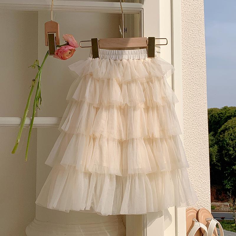 2025 Spring/Summer Korean Layered Cake Mesh Skirt for Girls – Sweet and Fashionable Princess Dress