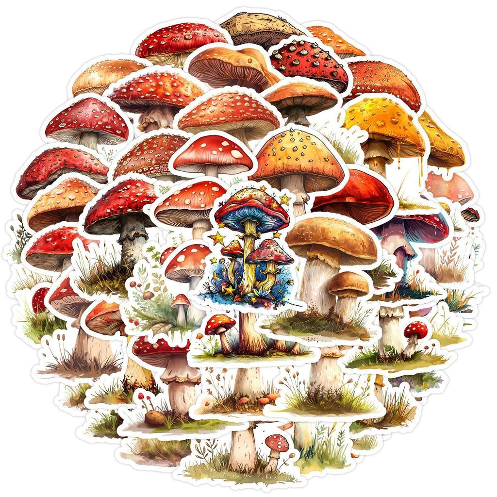 50 Cute Waterproof Watercolor Mushroom Stickers - Creative Decorative Stickers for Suitcases & Computers