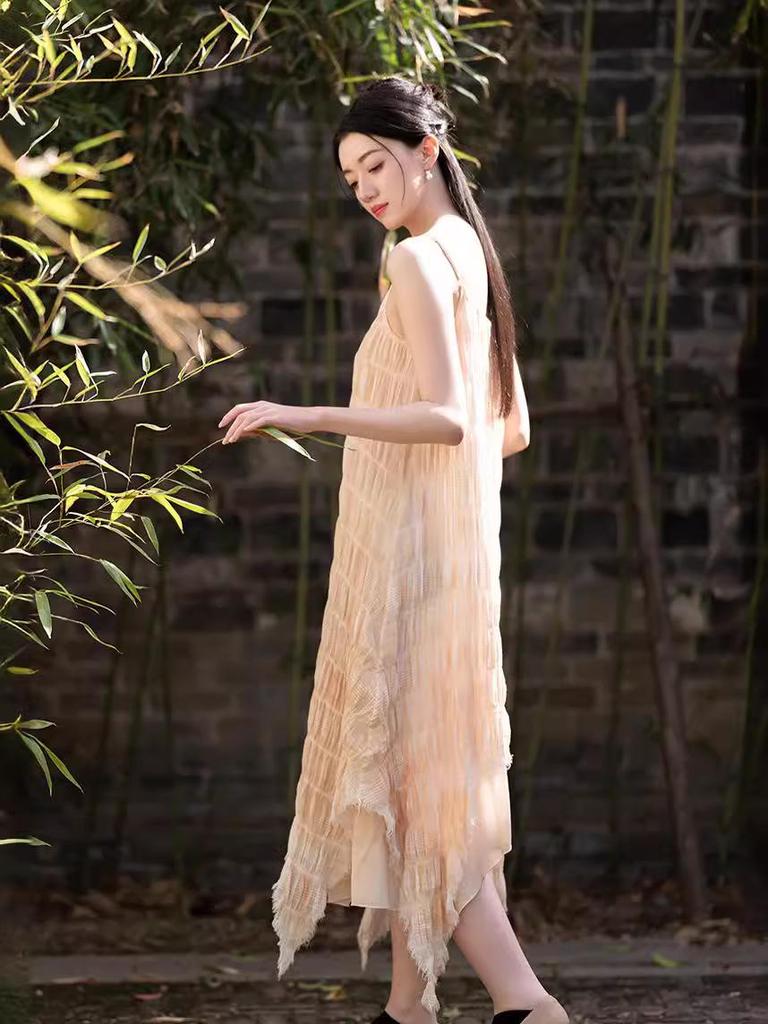 Handmade Plant-Dyed Crinkled Jacquard Irregular Maxi Dress for Women - Fairy-like, Slimming Camisole, Perfect for Summer Travel Photography