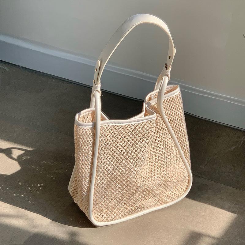 Summer Large Capacity Straw Woven Bag for Women  Personalized Hollow Contrast Commuter Bag  Hand-held Shoulder Woven Bag