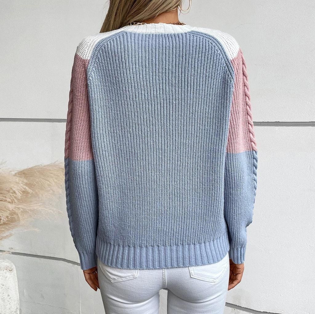 Women's Fashion Casual Round Neck Long Sleeve Comfortable Contrast Color Cable Knit Women's Pullover Loose Sweater