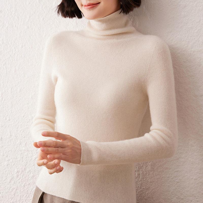Women's High Neck Cashmere Sweater: Slim Fit Long Sleeve, Stacked Collar Knit for Autumn/Winter