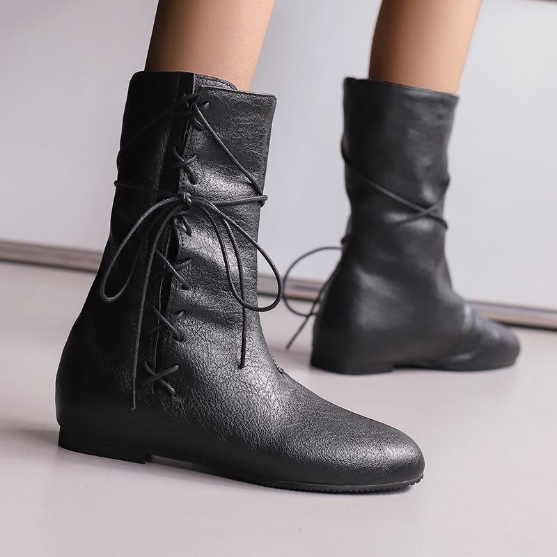 Fashion Classic Vintage Women Boots Round Toe Low Heels Zipper Lace Plus Size 46 47 48 Casual Soft Daily Mid Calf Booties