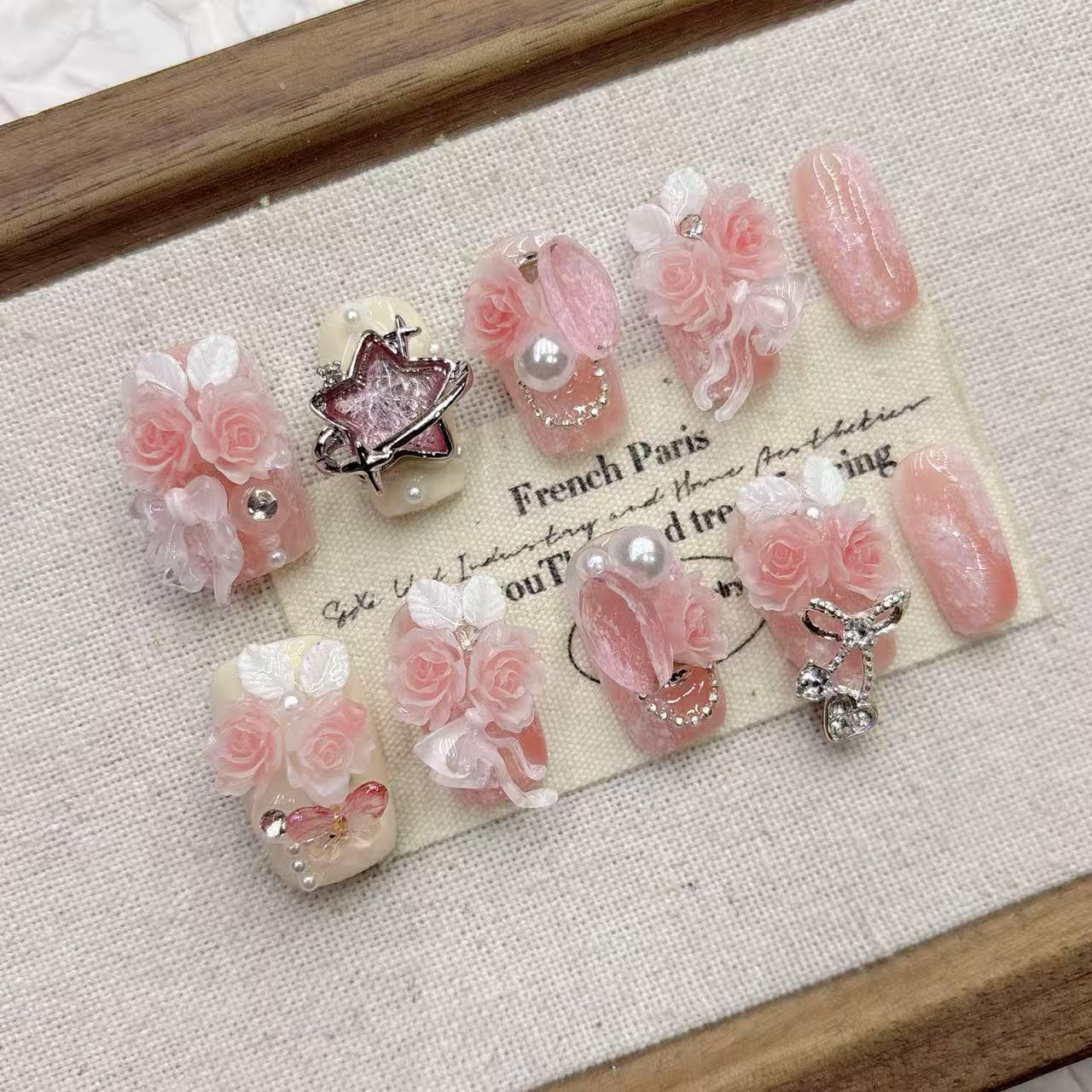 Pink Cherry Blossom Luxury Short Almond Handmade Wearable Nails