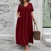 Women's V Neck Short Sleeve Textured Wrinkle Effect Loose Fit Dress with Pockets Casual Comfortable Midi Length