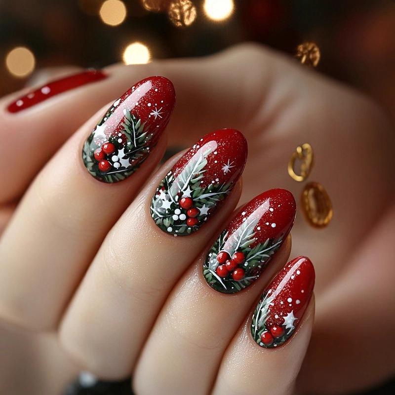 Short Oval Red Fruit Christmas Sparkle Wearable Nail Art Tips