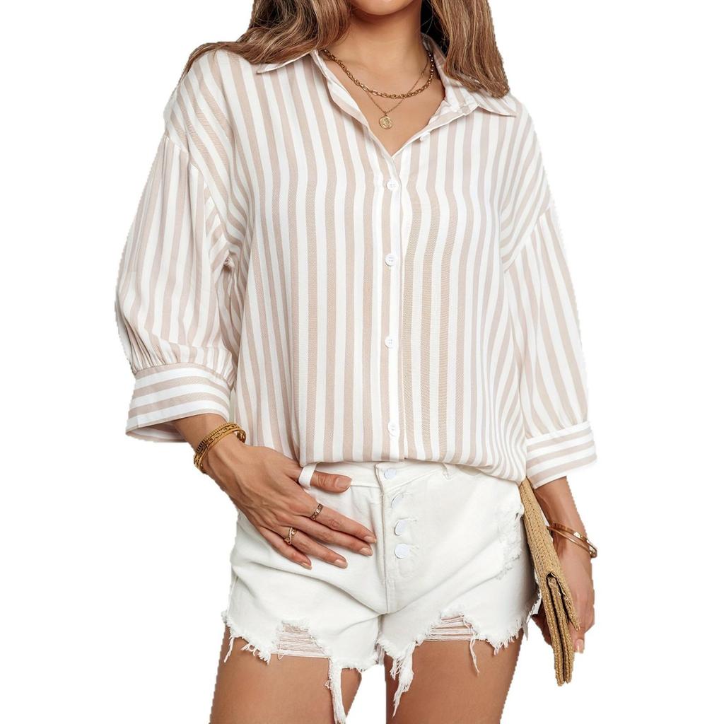 2025 Summer European & American Stripe Pocket Long Sleeve Single-Breasted Shirt Dress