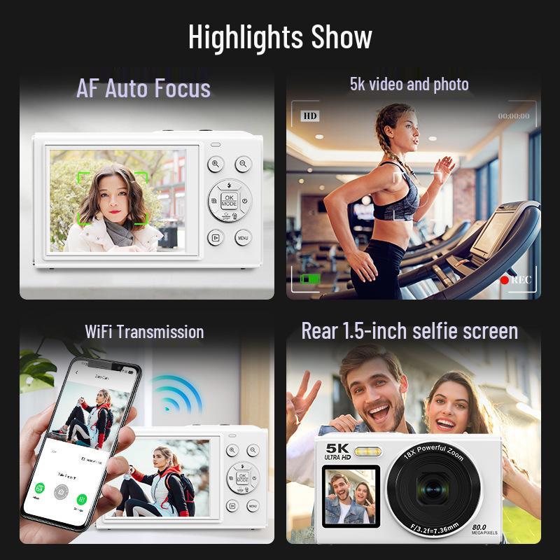 5K HD Dual-Screen Digital Camera with Selfie and WIFI Transfer to Mobile Phone