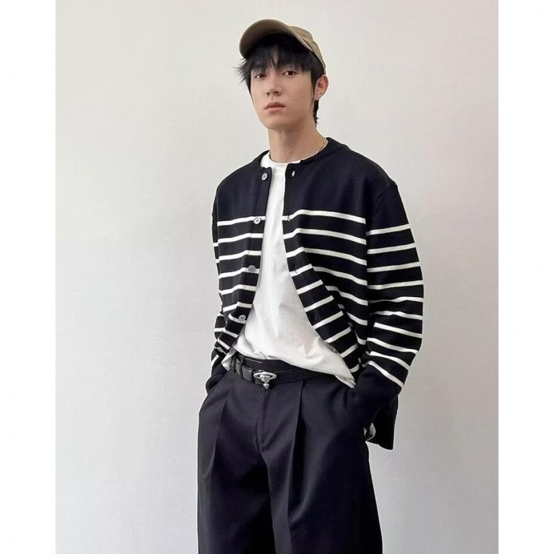 Nowy prążkowany kardigan sweter dzianinowy na wiosnę i jesień, męski i damski, z okrągłym dekoltem, w stylu lekkiego luksusu, swobodny