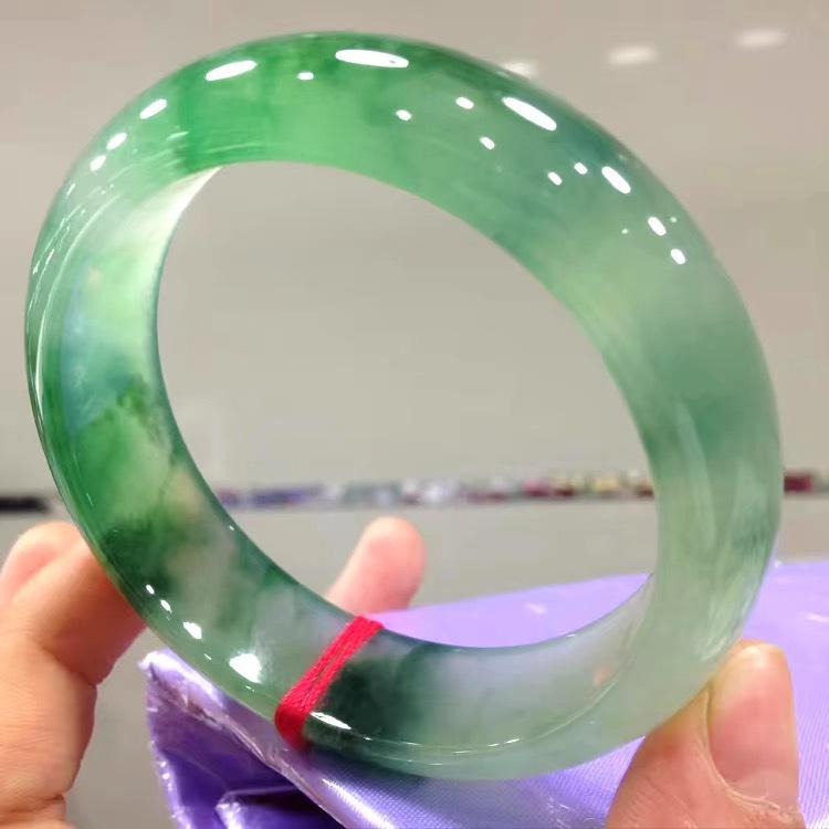 Myanmar Treated Jadeite Bangle: Full Green Ice Waxy Jade with Floating Flowers - Noble Lady Style