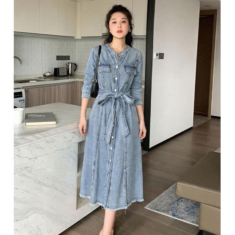 2026 Early Spring Women s Blue Denim Hepburn Style Stand Collar A-line Dress with Lace-up Cinched Waist XL синий