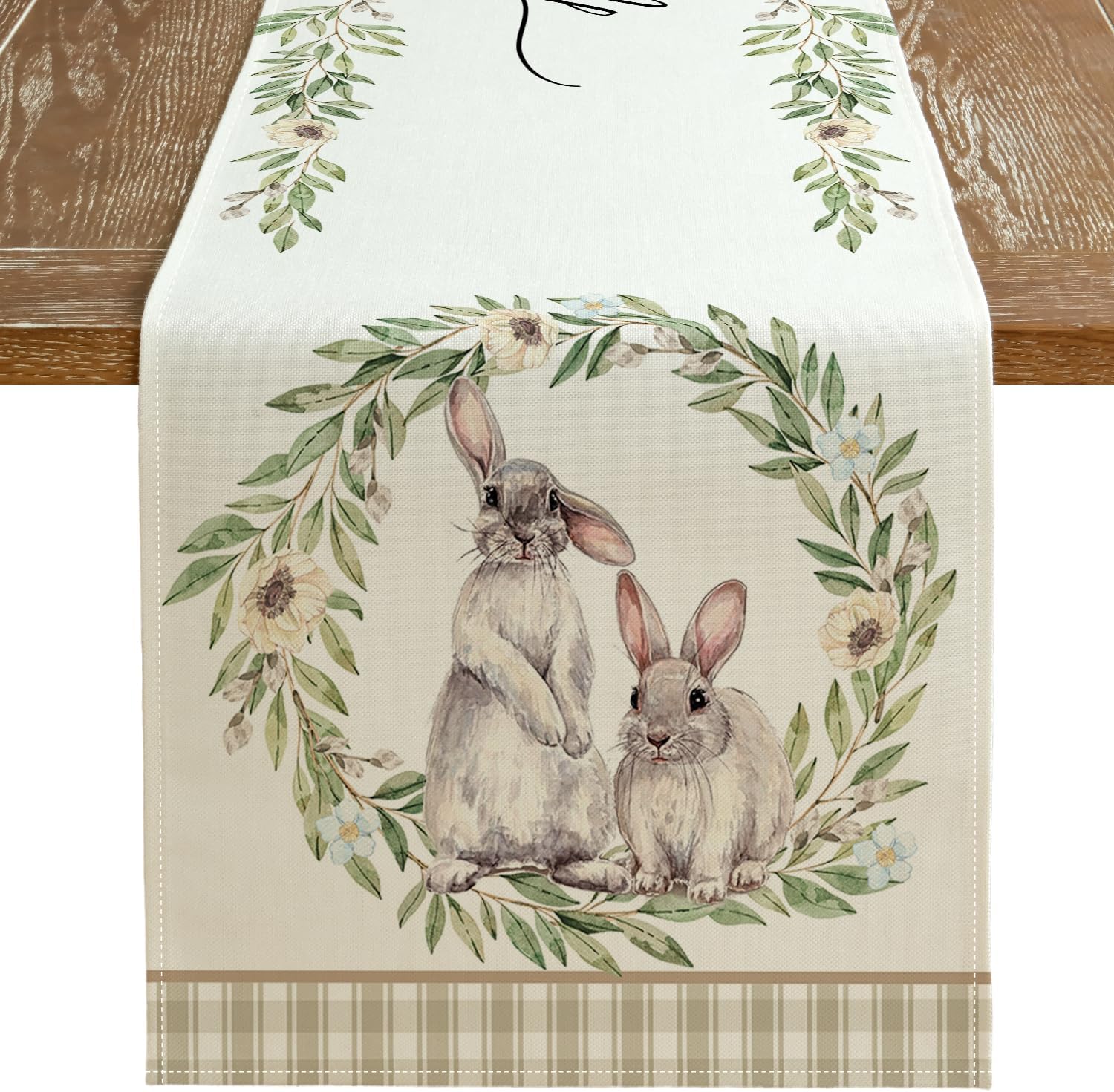 Easter Bunny Rabbit Leaf Floral Linen Table Runner Holiday Party Decor Spring Farmhouse Dining Table Runner Easter Decorations 150x33cm