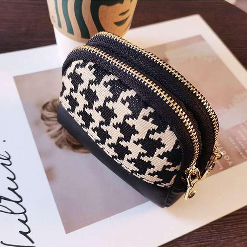 With Key Chain Canvas Mini Double Layers Zipper Card Holders Leather Bag Women Coin Purse Wallet