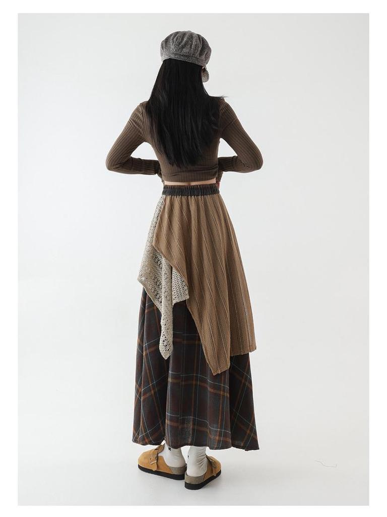Women's High-Waisted Retro Plaid Lace Patchwork A-Line Skirt with Irregular Hem