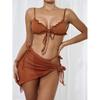 Women's Solid Color Halter Tie Bikini Three-Piece Set – High Waist Mesh Split Swimsuit