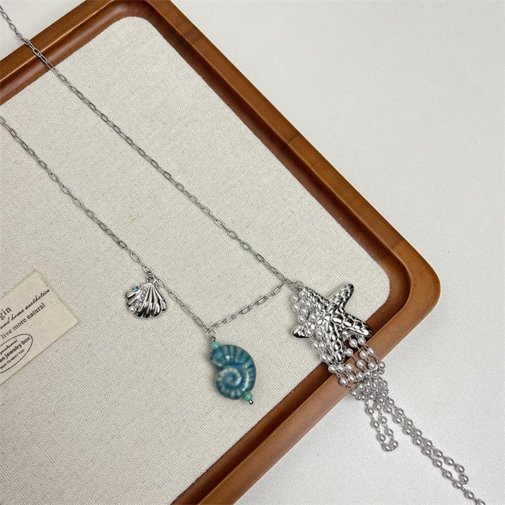Ceramics Conch Metal Shell Imitation Pearl Tassel Necklace For Women Men Bohemia Dainty Star Pendant Choker Summer Beach Jewelry