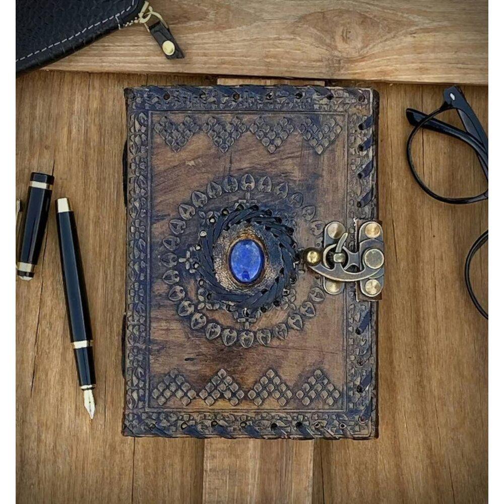 Beautiful Brown Leather Journal with Healing Stone Clasp Lock Blank Spell Book