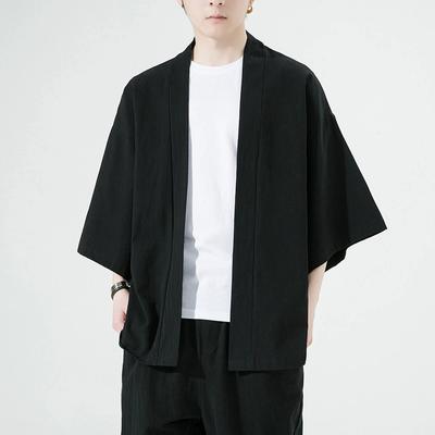 Chinese Style Spring and Summer Cotton and Linen Three-quarter Sleeve Cardigan Robe Shirt Men's Loose Sunscreen Cloak Jacket