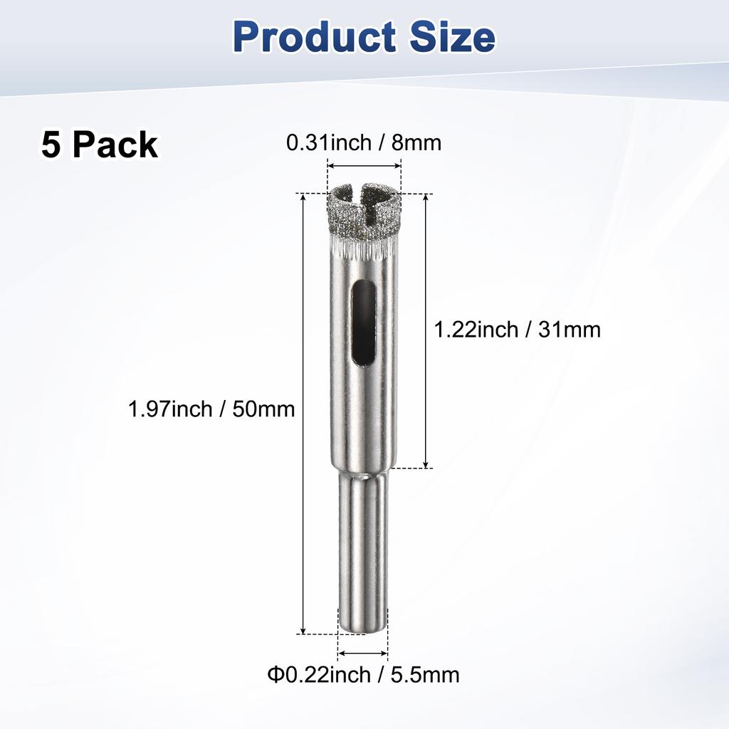 5pcs Diamond Hole Saw Drill Bit 3-18mm Glass Drill Bit for Ceramic/Marble/Granite Stone/Bottles/Tile Cutting [Silver Tone]