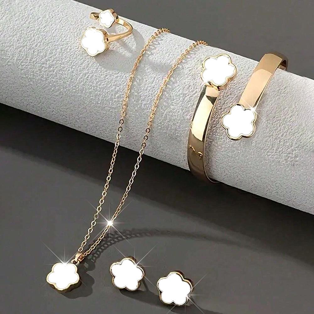 5-teiliges Zirkon-Set Glücksklee Armband, Halskette, Ohrringe, Halskette und Ring Zirkon-Set Geeignet für den täglichen Gebrauch als Geschenk für