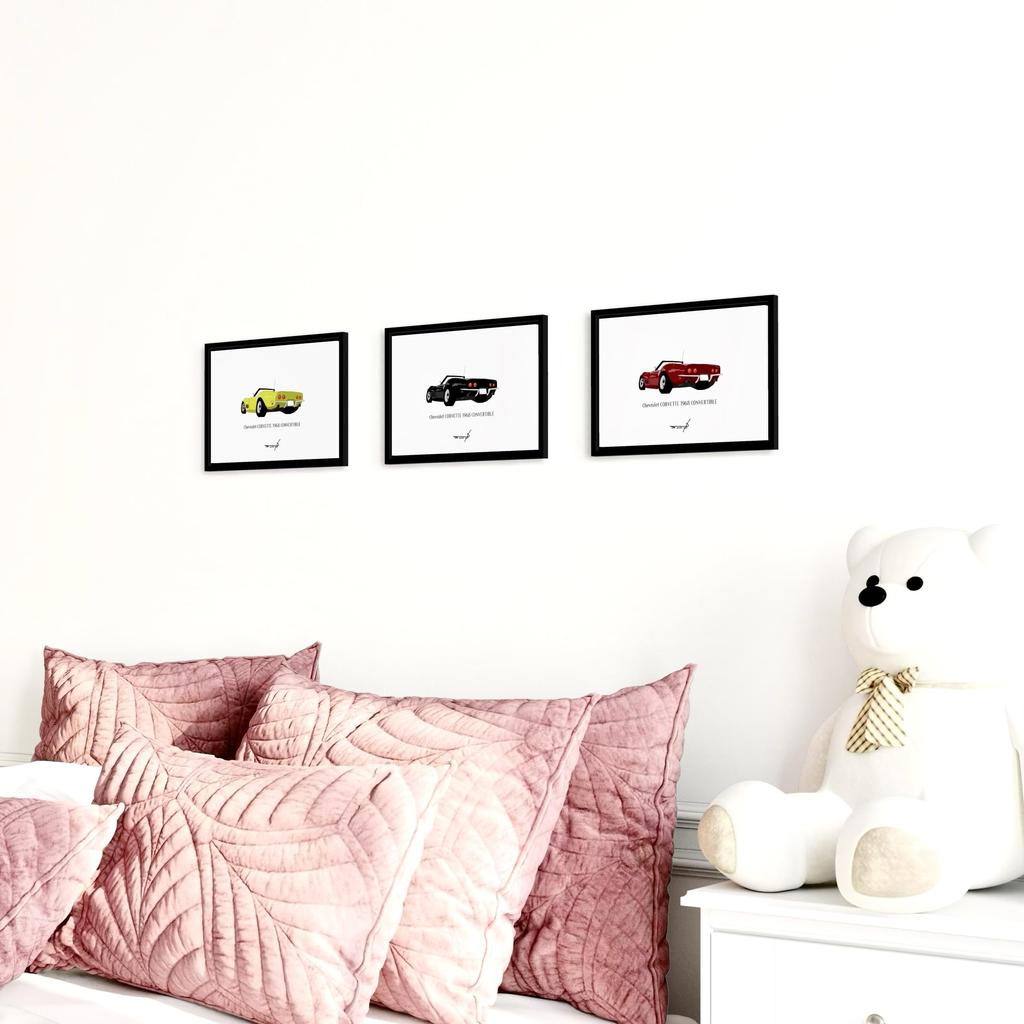 Vintage Car Pop Art Poster, American Car, A4 Framed, Chevrolet Corvette 1968 (Yellow/A4 Framed (Black Frame))